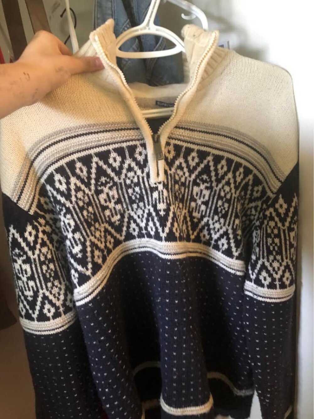Obermeyer 100% Wool 1/4 Zip Pullover Sweater Mens Medium Black/Ivory Fair Isle